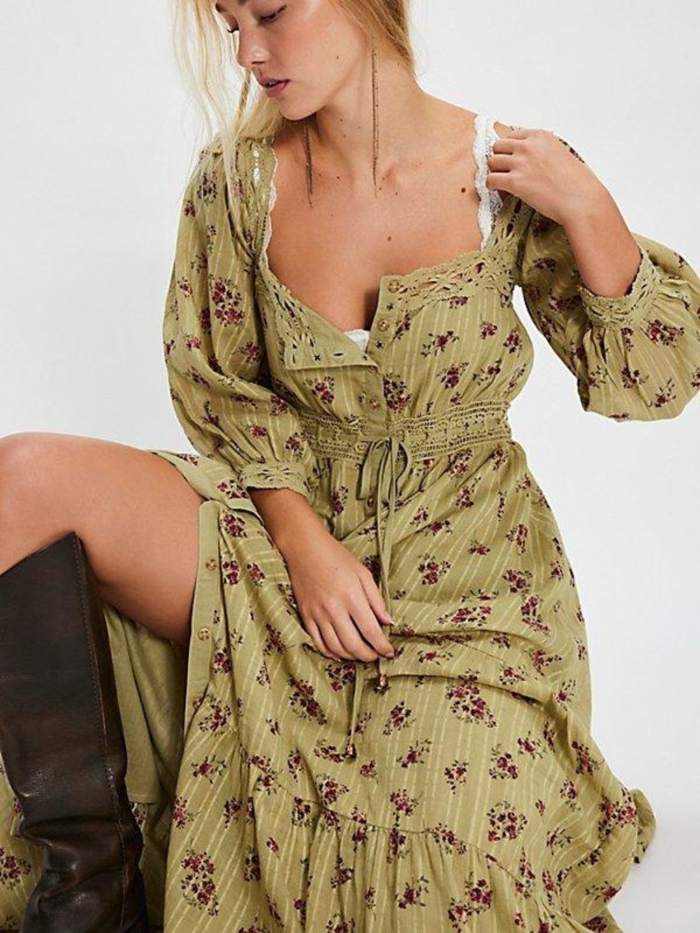 100% Cotton FP Morning Meadows Maxi Dress in Sage with Rose Print - Picture 2 of 13